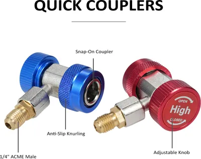 Zdjęcie produktu dla Zestaw adapterów A/C R134A z grzechotką do butli R134A, zestaw szybkozłączy do węży AC R134A z adapterem do zbiornika i narzędziem do demontażu rdzenia zaworu