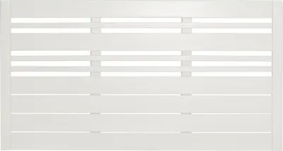 A white wooden fence panel with horizontal slats.