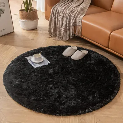Immagine prodotto di Tappeto rotondo, 120 cm di diametro, pelo lungo e spesso, lavabile, antiscivolo, colore nero
