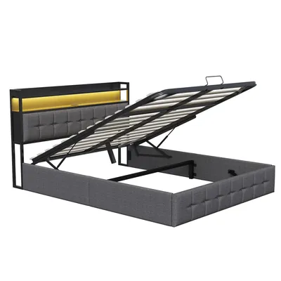 Obrázek produktu pro Čalouněná postel UnboxG LED 140X200 cm, postel s velkým úložným prostorem a lamelovým roštem, rám postele s kovovou skříňovou pružinou, čalouněné čelo s policí a nabíjecím portem USB, šedá barva
