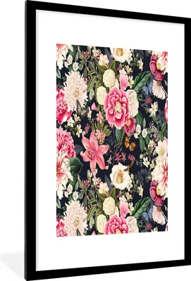 Produktbild von MuchoWow® MuchoWow® Gerahmtes Poster Blumen - Muster - Rosa 60x90 cm - Poster mit zchwarzem Bilderrahmen - Dekoration - Wandposter Wohnzimmer - Hochwertig