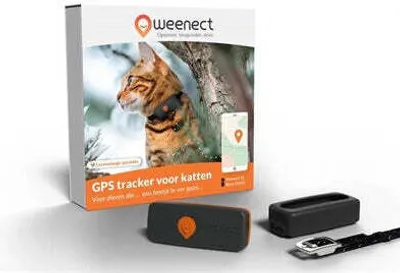 A product box for a cat GPS tracker is shown, with the tracker device and its accessories in the foreground.