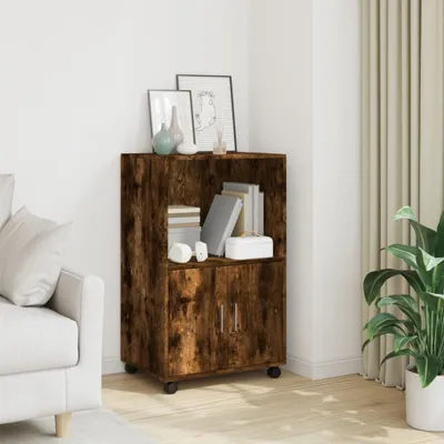 A wooden cabinet with two doors and shelves, placed in a room next to a sofa and a plant.