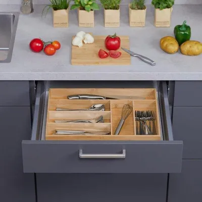Image de Organiseur de couverts en bambou 6 pièces pour tiroir de cuisine - petit format - naturel - 5 x 44,5 x 3 cm