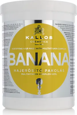 A white tub of Kallos Banana Hair Mask with a large yellow circular label.