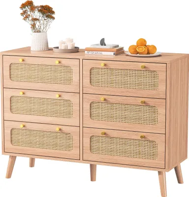Obrázek produktu pro Komoda Fortuna Lai s 6 zásuvkami, nohy z masivního dřeva, moderní design, nábytek do ložnice, 100x34x73 cm, hnědá barva