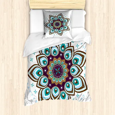Produktbild von ABAKUHAUS Mandala Mantele, Boho blühende Blumen, Milbensicher Allergiker geeignet mit Kissenbezügen, 135 cm x 200 cm - 80 x 80 cm, Lila Brown und Teal