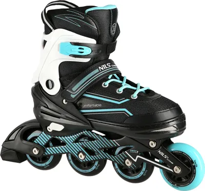 A single inline skate is shown from a diagonal angle against a white background.