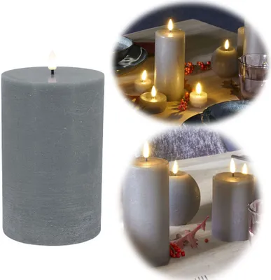 Produktbild von LS-LebenStil LED 3D Stumpenkerze Ribe Grau 15x10cm Echtwachs flackernde flammenlose Kerze Blockkerze optional mit Fernbedienung und Timer