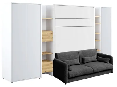 Produktbild von Schrankbett mit sofa Bed Concept 140x200 cm Lenart Led Beleuchtung Taschenfederkernmatratze Bett im Schrank Klapbett Weiß/Graphite - Set 2