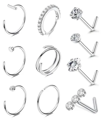 Produktbild von XFSRG 10 Stück Hufeisen Nasenpiercing Set mit Zirkon Stecker Creolen Nasenring Zirkon Piercing Septum Piercing Doppel Edelstein Hufeisen Nasenring