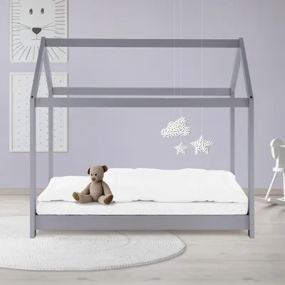Produktbild von ML-Design Kinderbett 70x140 cm mit Dach und Lattenrost, Hellgrau, Hausbett aus massivem Kiefernholz Bodenbett Holzbett Jugendbett Spielbett Zelt