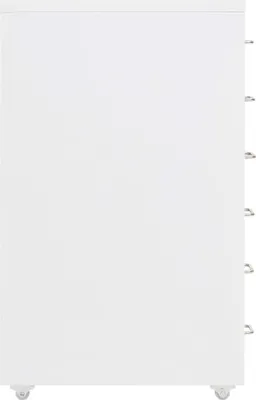 A side view of a white metal filing cabinet with wheels.