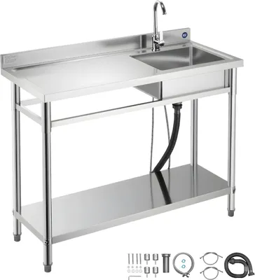 Obrázek produktu pro Dřez kuchyňský dřez - nerezová ocel, jedno umyvadlo - 120 x 50 x 94 cm - s vodovodní baterií - s odkládací policí - pracovní deska vlevo - volně stojící - pro venkovní použití