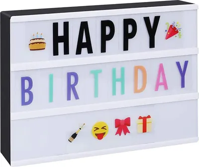 A light box with letters and decorative icons spelling out "HAPPY BIRTHDAY".