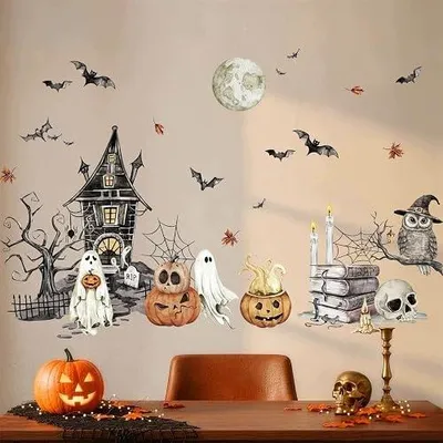 Zdjęcie produktu dla Naklejki ścienne halloween dynie duchy winiłowe samoprzylepne 2 arkusze