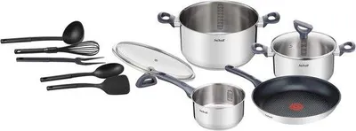 Produktbild von Kochset 11-teilig mit Edelstahl, RVS Ergonomie, Induktionsfunktion, Maßverteilung, Sicherheitsdeckel, Thermosignal.