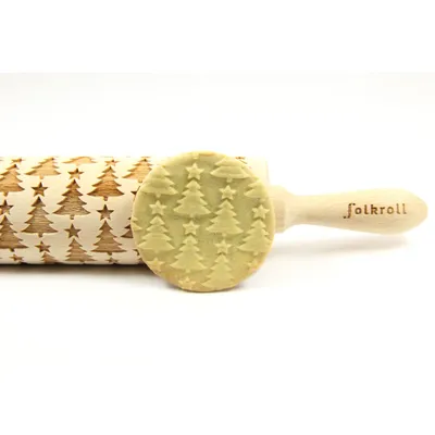 Produktbild von Folkroll Teigrolle Christbaum, groß, 43 cm, Nudelholz, Prägerolle, Muster, Motiv, Rolle, Buchenholz, 330289