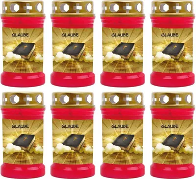 Produktbild von Grabkerze Rot 8er Pack, Brenndauer: 40 Stunden ( je Kerze ), Motiv: Glaube