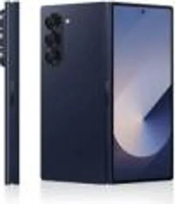 A dark blue Samsung Galaxy Z Fold6 smartphone is shown from two angles against a white background.