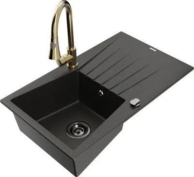 Produktbild von Mexen Cesar 1 Becken-Granitspüle mit Abtropffläche und Mischbatterie Elia, Schwarz/Gold metallisch - 6514-75-670101-50-B