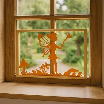 Produktbild von Wanddeko Metall "Fee mit Schmetterling" rustikales Fensterbild im Rahmen