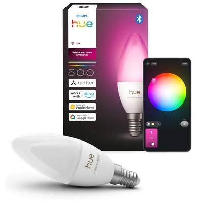 Produktbild von Philips Hue White and Color ambiance B39 Kerze – Smarte E14 LED-Lampe, Bluetooth/Zigbee, Weiß, LED, Polycarbonat (PC), E14, Kerze