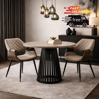 Obrázok produktu pre Viero 90 cm kašmírový okrúhly jedálenský stôl - moderný dizajnový stôl s čiernym kovovým rámom do kuchyne a jedálne