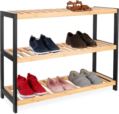 Image de Étagère à chaussures en bambou - 3 niveaux - 9 paires - 55x70x26 cm - Noir naturel