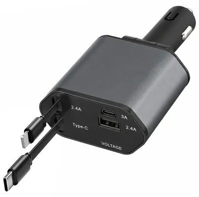 4-in-1 USB-C Autolader mit einziehbaren Kabeln, 30 W, digitales Display