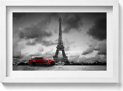 Produktbild von Eiffelturm und rotes Auto– Wandbild mit Rahmen – Gerahmtes Bild  – Wanddekoration – 30x20 cm –  Weiß Rahmen
