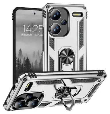 A silver and black rugged phone case with a built-in ring stand, shown from multiple angles, with a phone screen visible in the background.