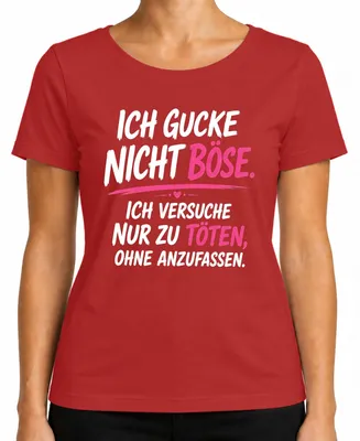 Immagine prodotto di T-shirt da donna, colore rosso, taglia XL, con la scritta: "Non ho cattive intenzioni. Solo tentativi di omicidio, sarcasmo e un'espressione."