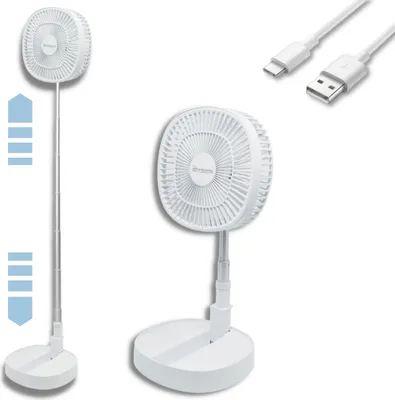 A white foldable fan shown in multiple configurations, along with a USB charging cable.
