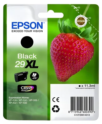 Zdjęcie produktu dla Epson Strawberry Singlepack Black 29XL Claria Home Ink, Wysoka (XL) wydajność, Czarny, Tusz na bazie pigmentu, 11,3 ml, 1 szt., 470 stron(y)