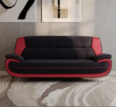 Produktbild von Sofa Set 3-2-1 für Wohnzimmer – Bequeme Schwarz-Rot Couchgarnitur mit 3-Sitzer, 2-Sitzer & Sessel aus Kunstleder