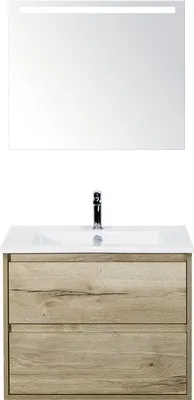 Produktbild von Sanox Badmöbel-Set Porto BxHxT 71 x 170 x 51 cm Frontfarbe eiche natur mit Waschtisch Keramik weiß, Waschtischunterschra
