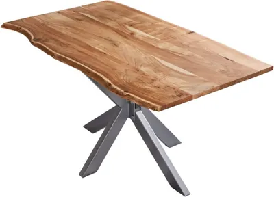 Produktbild von Esstisch 200x100cm Benni, Akazienholz massiv + naturfarben, echte Baumkante, Baumkantentisch mit Spider-Metallgestell Silber, Esszimmertisch mit Tischplatte 26mm