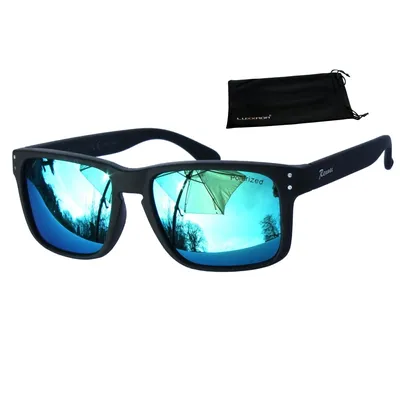 Produktbild von Hochwertige Herren Sonnenbrille Polarisiert Türkis Verspiegelt Schwarz Matt Rechteckig Rennec Motorsport Brille