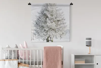 Produktbild von MuchoWow® Wandteppich Wandbehang Winter - Baum - Schnee - Kiefer - Weiß 90x90 cm Tapisserie Dekoration Wandtuch - Wandaufhänger