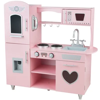 Image de Cuisine de jeu en bois 4iQ, modèle TinyTotsKitchen, couleur rose, dimensions 85,5 x 32 x 88,5 cm, avec accessoires
