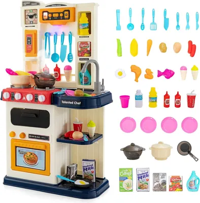 Produktbild von Kinderküche mit 65 TLG. Zubehör, Kinderspielküche mit Spülbecken Wasserhahn Herd Öfen, Spielküche mit Licht und Sound und Dampf-Effekt und echtem Wasserfluss, für Kinder ab 3 Jahren (Blau+Beige)