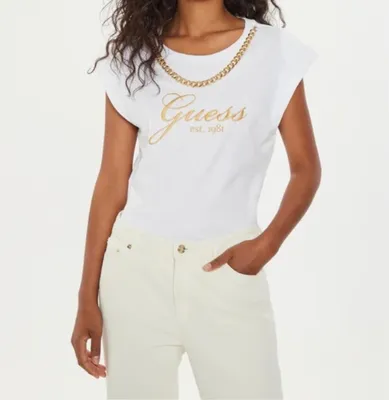 Immagine prodotto di GUESS T-shirt da donna con catena e logo in cristallo, bianco, taglia S