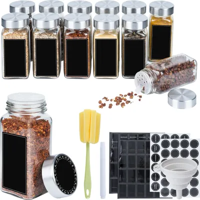 Produktbild von JOIEYOU Haushalt Gewürzgläser Set 12 Stück Gewürzstreuer mit Edelstahl Deckel 120ml Gewürzbehälter mit Faltbare Trichter, Aufklebern, Reinigungsbürste & Markierstift Gewürzdosen für Gewürze & Herb