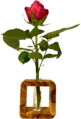 Produktbild von Blumenvase QUENTIN aus Olivenholz mit Glasväschen, Tischvase, Reagenzglas
