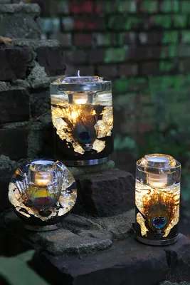 Produktbild von GILDE Dreamlight, Teelichtleuchter (LED), Candela Classic, "Pavos", Glas, goldfarben, schwarz, , H. 14,5 cm, D. 7,2 cm 72273