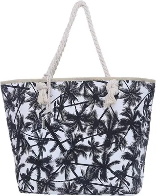 Produktbild von Schwarzer große Strandbeutel mit Palmenmotiv - Schultertasche mit Reißverschluss - Baumwoll
