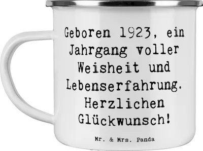 Produktbild von Mr. & Mrs. Panda Teetasse Spruch 1923 Geburtstag - Weiß - Geschenk, blechbecher, Geburtstagsgeschenk, Geboren, Reisebecher, Happy Birthday, Alter, Jahrgang, Kaffeepott