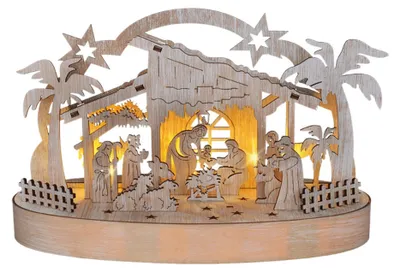 Obrázok produktu pre Drevený vianočný betlehem Solight, podsvietený, 5 LED diód, prírodné drevo, 25 cm, 2 x AA 1V275