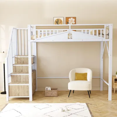 Image de Lit superposé en métal, dimensions 90x200 cm, avec escalier et barrière de sécurité, de couleur blanche